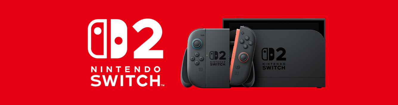 Nintendo Switch 2 Logo und Abbildung der Nintendo Switch 2 Konsole auf rotem Hintergrund