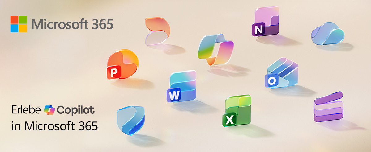 Microsoft 365 Logo sowie Icons von Word, Excel, PowerPoint usw. Text Erlebe Copilot in Microsoft 365