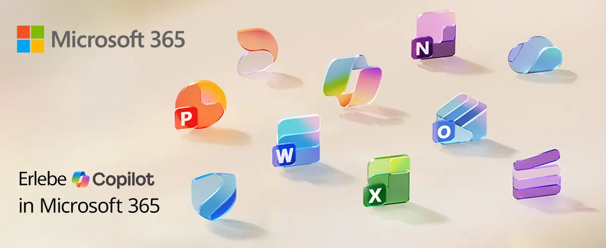 Microsoft 365 Logo sowie Icons von Word, Excel, PowerPoint usw. Text Erlebe Copilot in Microsoft 365