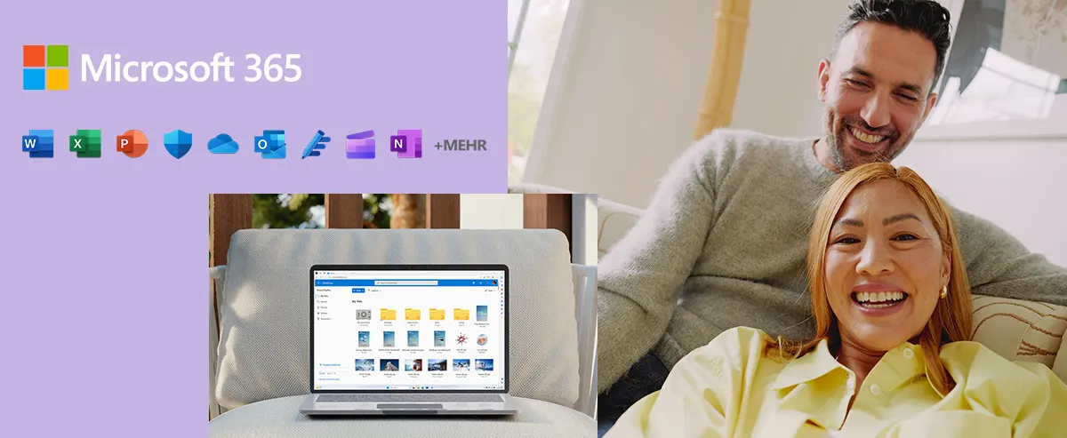 Microsoft 365-Logos über Laptop auf einem Kissen. Zwei lächelnde Personen im Hintergrund; eine Person trägt ein gelbes Hemd.