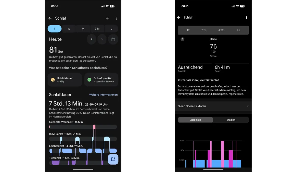Zwei Screenshots zeigen die Schlafauswertungen vom Fitbit Air und vom Garmin Forerunner 970.
