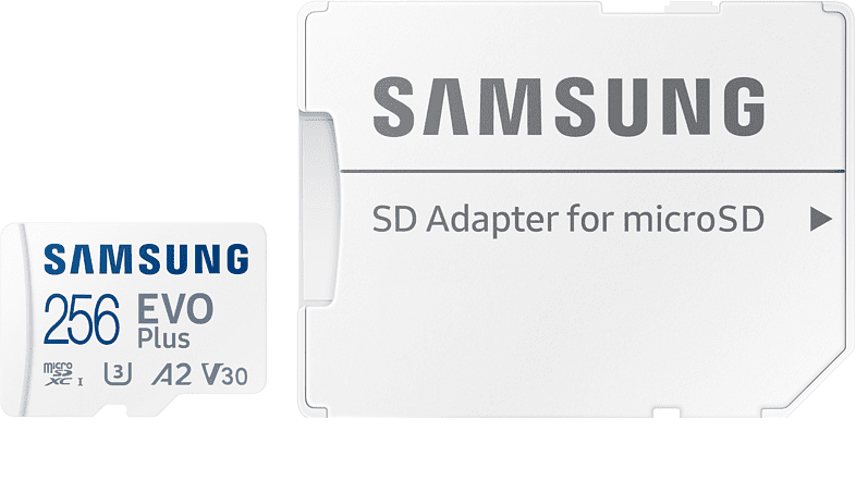 Samsung EVO Plus Micro SDXC Speicherkarte Vorderansicht zusammen mit dem SD Adapter