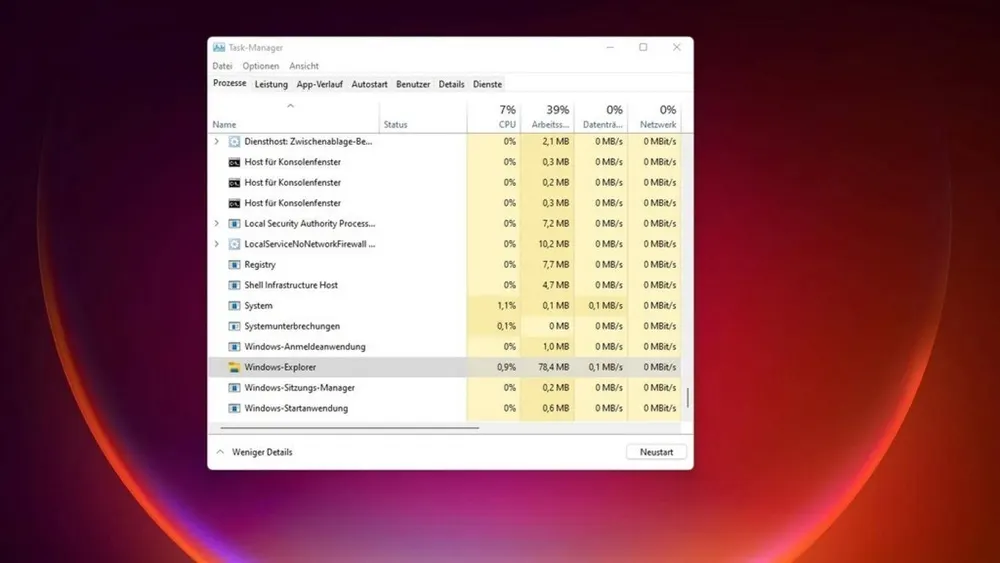Ein Task-Manager-Fenster zeigt eine Liste von Prozessen, ihre CPU-, Speicher-, Festplatten- und Netzwerkauslastung. Windows-Explorer ist hervorgehoben.