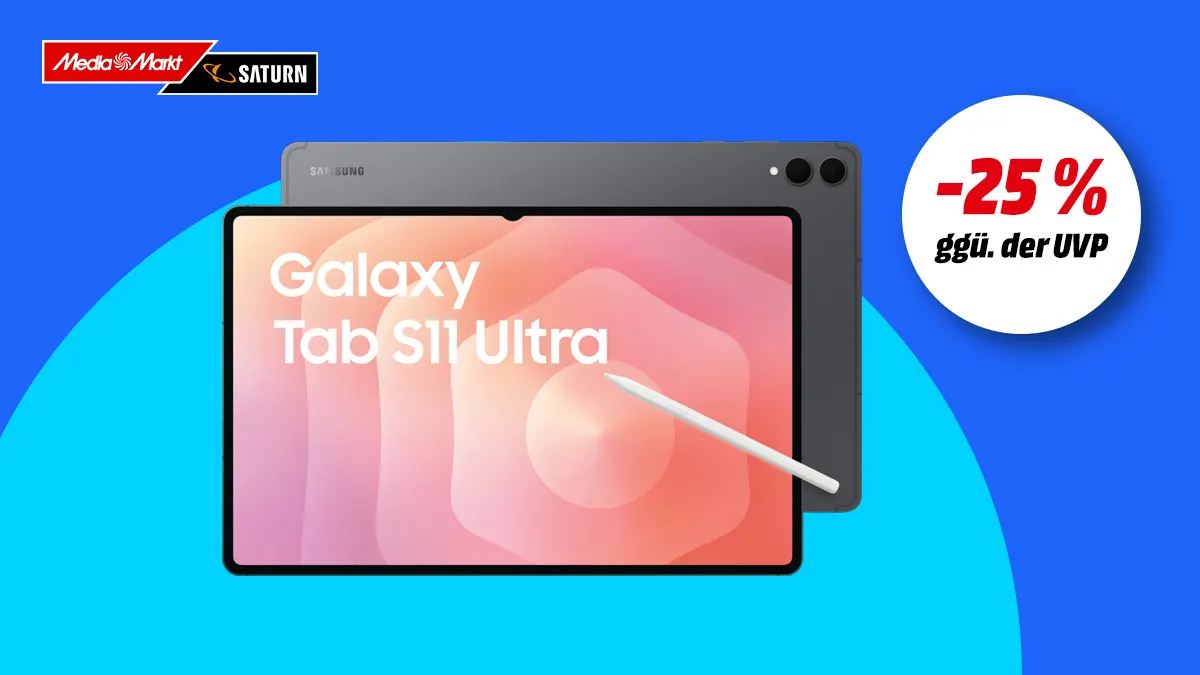 Samsung Galaxy Tab S11 Ultra, Hinweis auf 25 Prozent Rabatt gegenüber UVP auf blauem Hintergrund.