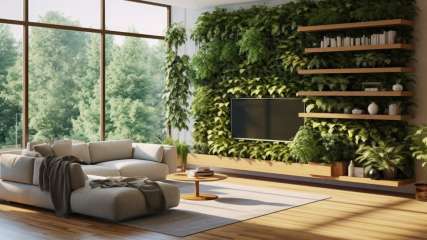 Ein helles Wohnzimmer mit einer Wand, die mit Grünpflanzen bewachsen ist. An dieser Wand steht ein Fernseher.