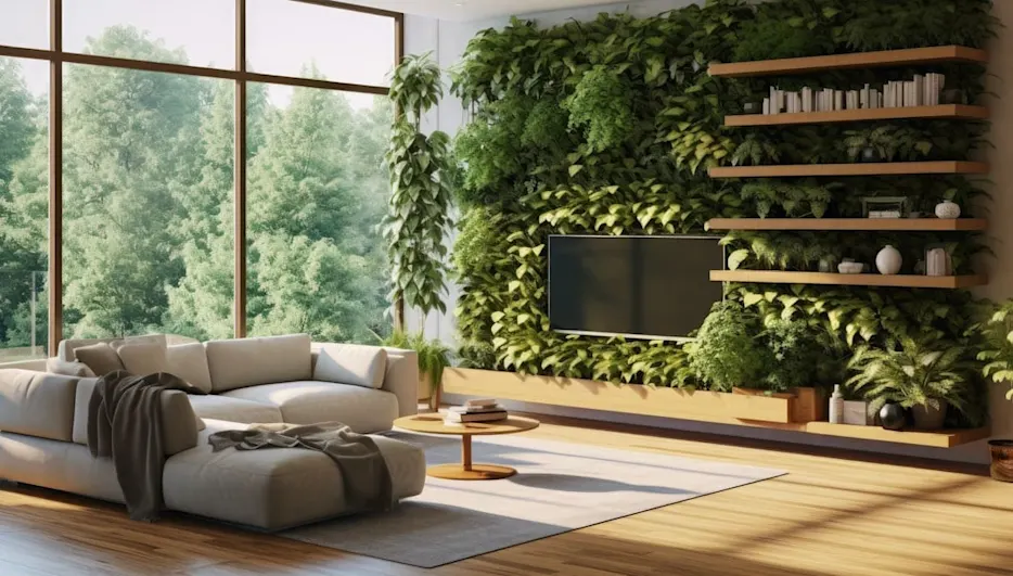 Ein Wohnzimmer mit Sofa, Tisch und Bücherregal vor einer grünen Wand mit Pflanzen und einem grossen Fenster.