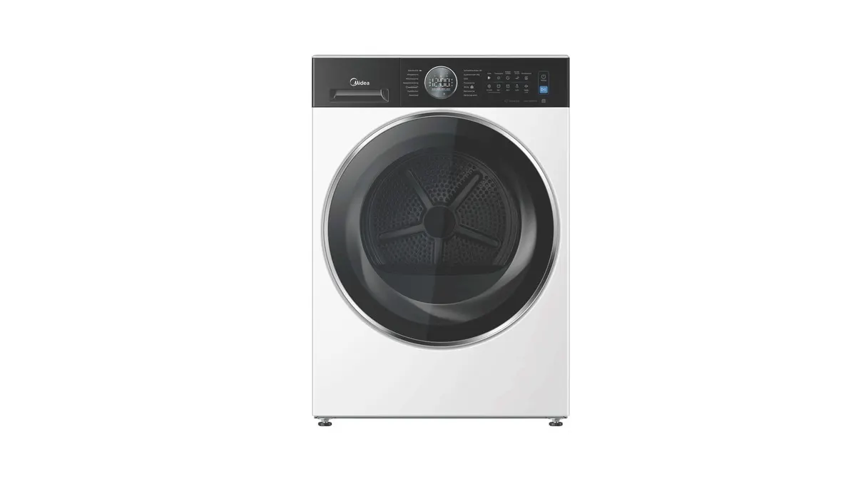 Der Wärmepumpentrockner Midea MD210H100WB-B vor weißem Hintergrund.