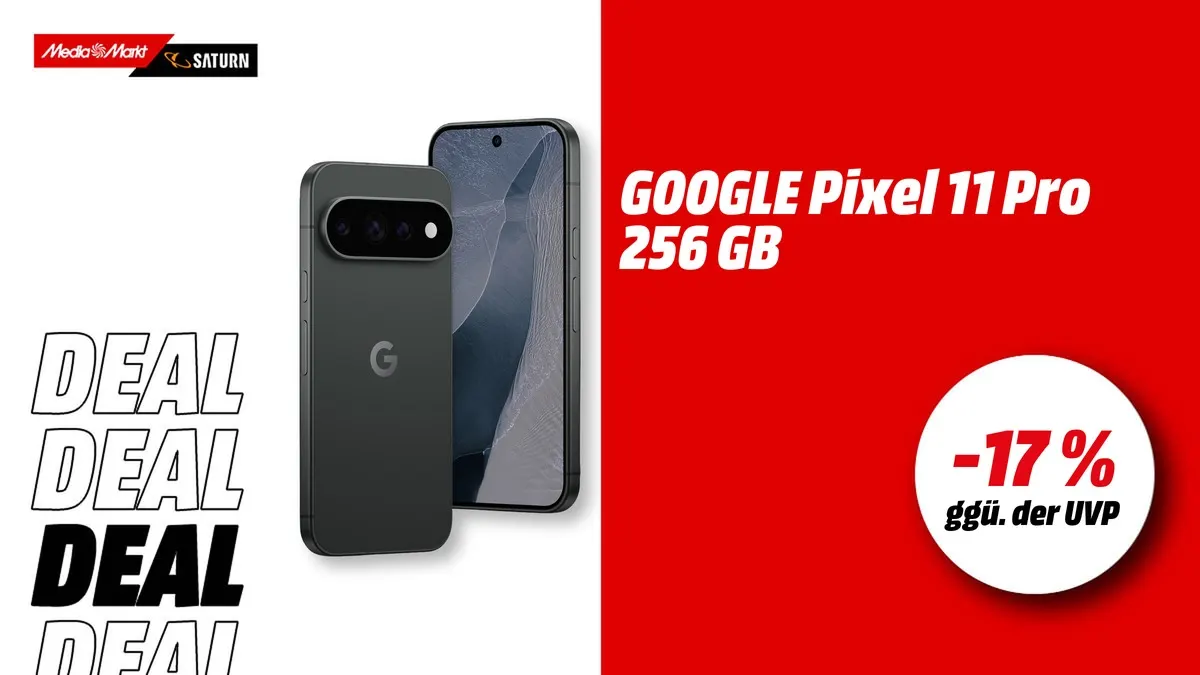 Google Pixel 11 Pro Smartphone in Obsidian mit 256 GB, aktuell mit -17 % (ggü. der UVP) reduziert bei MediaMarkt