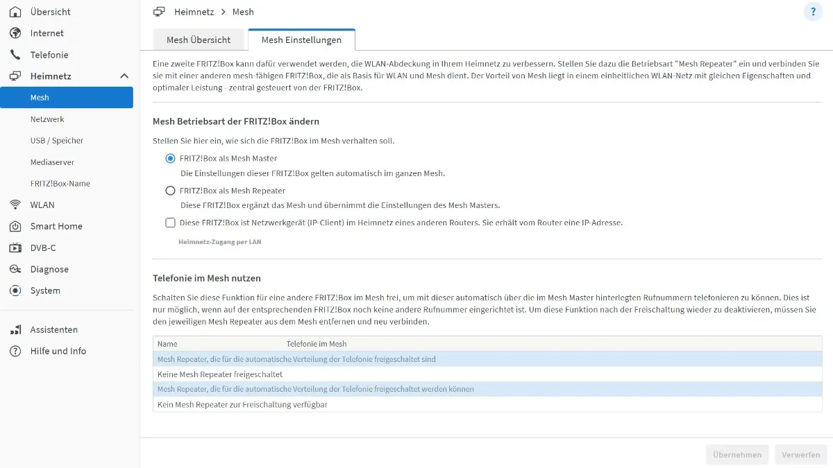 Unter den Router-Einstellungen findest du auf „Heimnetz > Mesh“ die Optionen für die Mesh-Einrichtung.