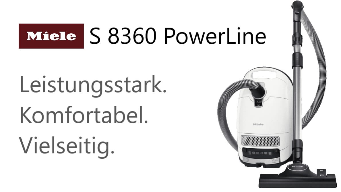 MIELE S 8360 PowerLine Staubsauger rechts und links daneben der Name, das Logo und 3 Vorteile