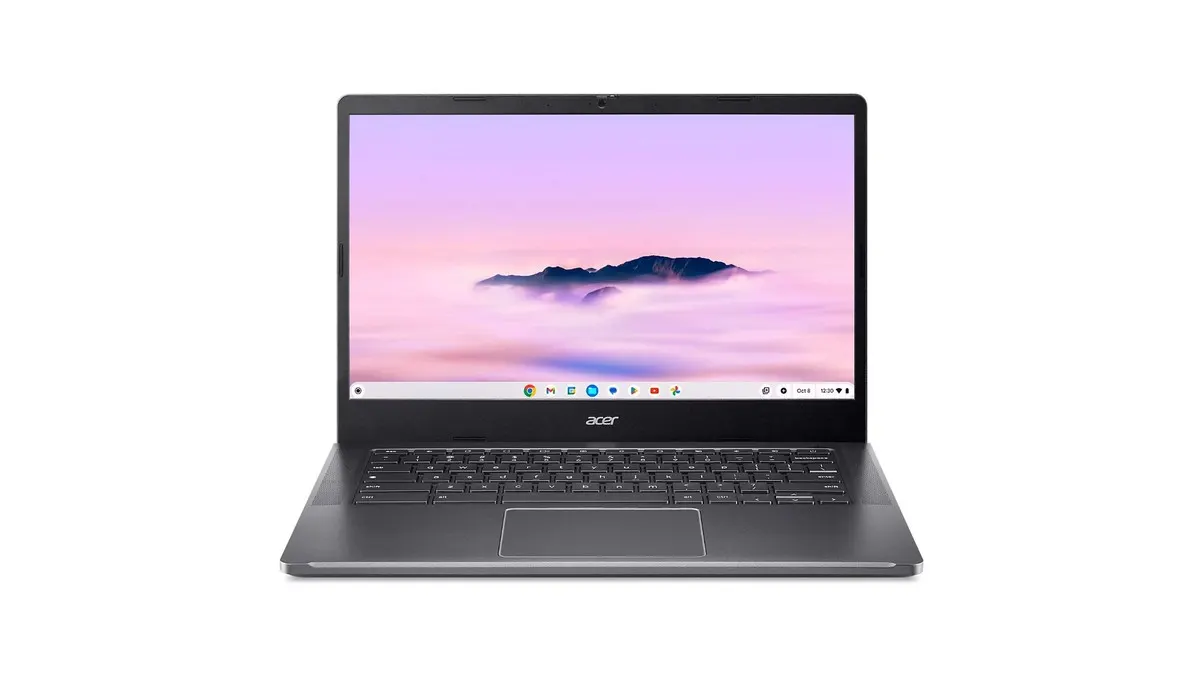 Das Acer Chromebook Plus 514 vor weißem Hintergrund.