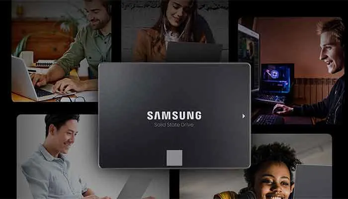 Collage von Menschen, die vor ihrem PC oder Laptop sitzen und arbeiten oder spielen. Dazu eine Abbildung der SSD 870.