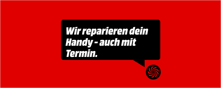Ein rotes Werbebanner mit einer schwarzen Sprechblase, in der in weißer, fetter Schrift der deutsche Text steht: "Wir reparieren dein Handy - auch mit Termin." 