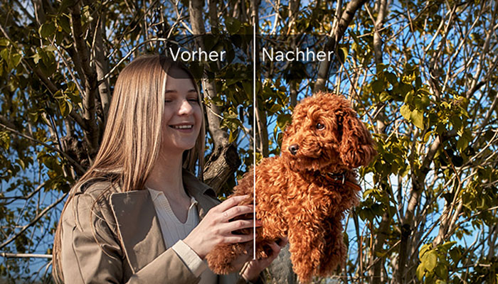 Foto einer jungen Frau mit ihrem Hund im Vorher-Nachher-Effekt.