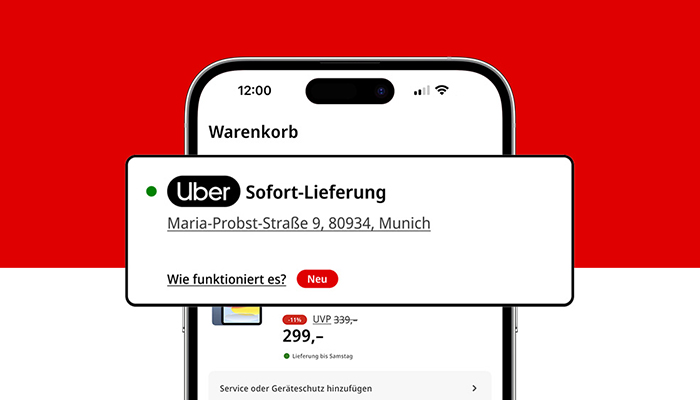 Auf einem Smartphone wird die Uber Sofort-Lieferung als Liefermethode in der MediaMarkt App angezeigt.
