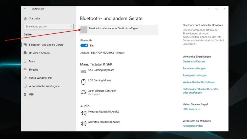 Windows-Einstellungsfenster mit Menüs für Geräte, Bluetooth und Audio. Ein roter Pfeil zeigt auf "Bluetooth- oder anderes Gerät hinzufügen".