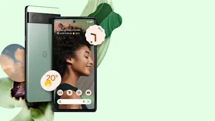 Zwei Smartphones stehen vor grünem Hintergrund, das eine zeigt eine Frau im Profil und Wetterdaten.