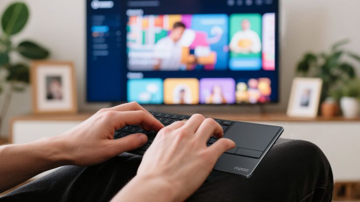 Hände tippen auf einer kompakten Tastatur mit integriertem Touchpad; im Hintergrund läuft auf einem Fernseher eine Streaming-Oberfläche mit verschiedenen Inhalten, umgeben von Pflanzen und Bilderrahmen.