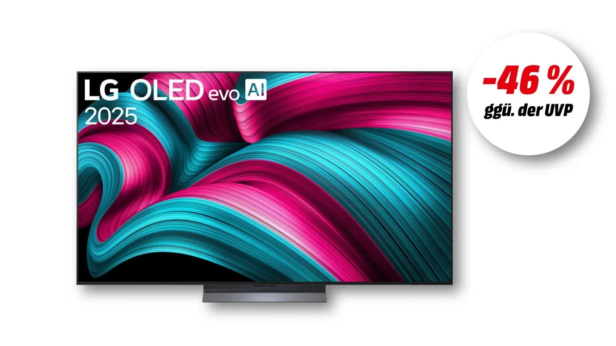 LG OLED TV, Hinweis auf 46 Prozent Rabatt gegenüber UVP auf weißem Hintergrund. 