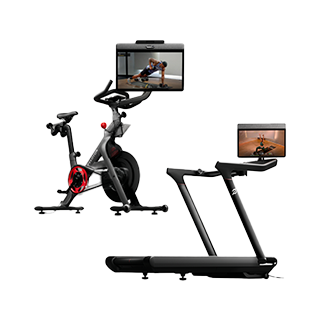 Peloton schwarzes Laufband mit Bildschirm und ein Standfahrrad mit Bildschirm 