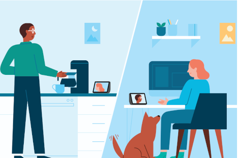 Zwei Personen in geteiltem Bild: Eine macht Kaffee, die andere sitzt am Schreibtisch mit Hund. Beide nutzen Tablets für Videoanrufe.