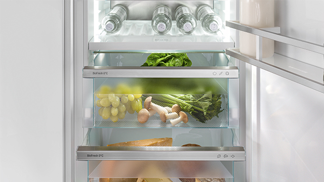 Ein geöffneter Kühlschrank mit Glasböden,zwei Schubfächer mit Aufschrift bioFresh0°C.Eines gefüllt mit Salat, Trauben, Pilzen und das zweite mit Käse.