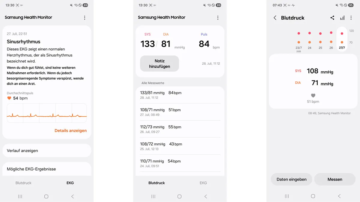 Drei Screenshots zeigen die Details von EKG-Aufzeichnungen und Blutdruckmessungen mit der Samsung Galaxy Watch8.