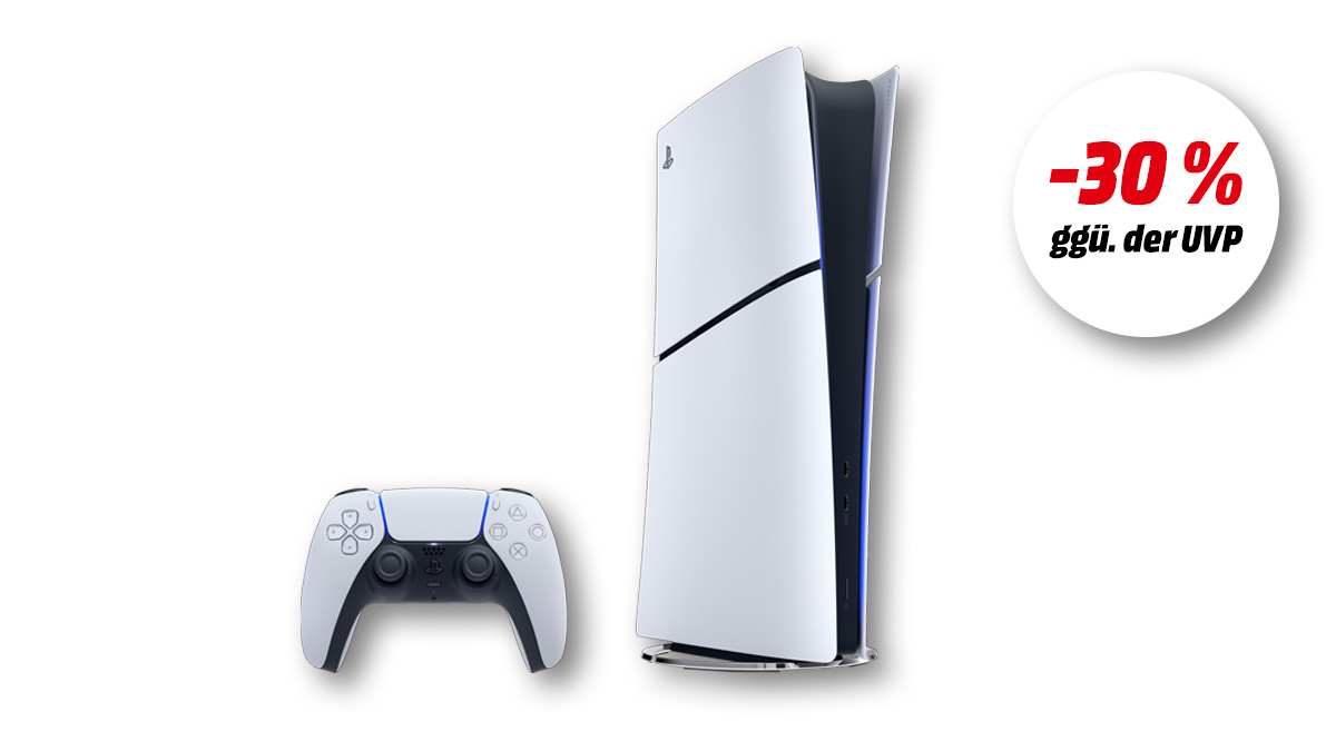 Sony PlayStation 5 Digital Edition Slim und Hinweis auf 30 Prozent Rabatt gegenüber UVP auf weißem Hintergrund. 