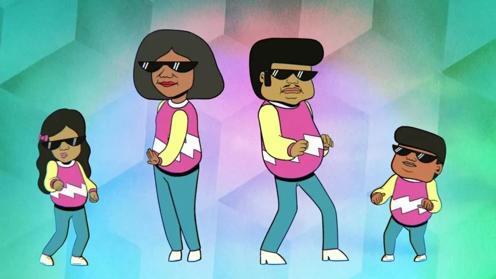 Eine animierte Familie mit Sonnenbrillen tanzt vor einem bunten Hintergrund mit geometrischen Formen. Sie tragen rosafarbene Oberteile und blaue Hosen.