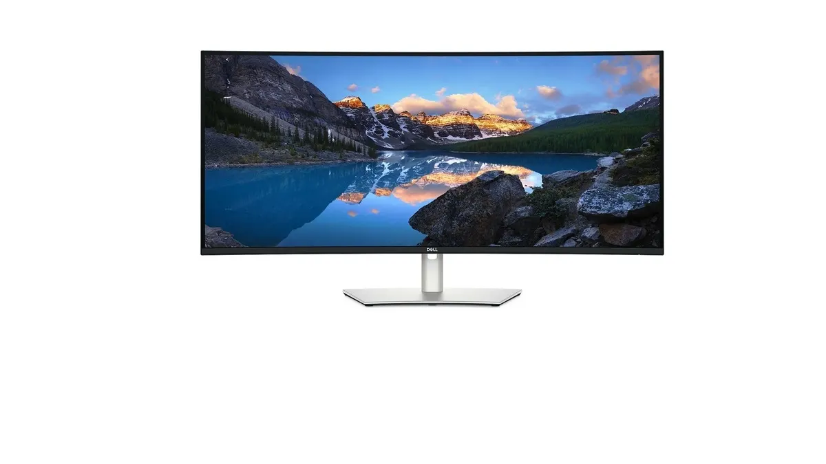 Der Dell U4025QW Monitor vor weißem Hintergrund.