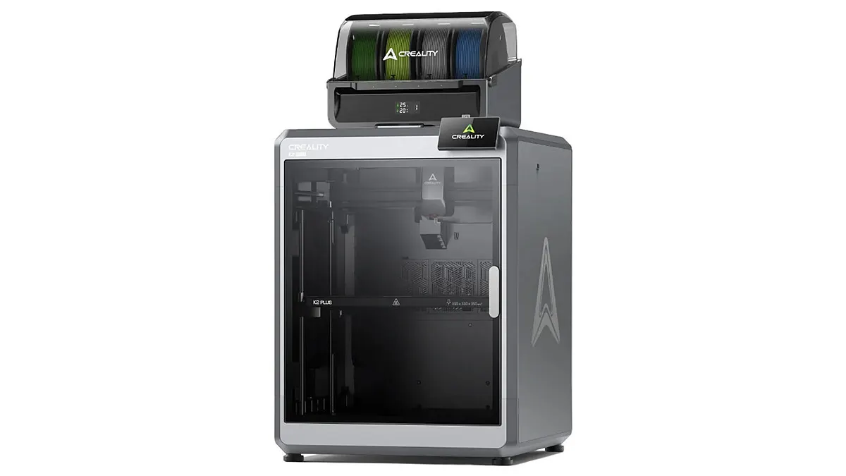 Der 3D-Drucker Creality K2 Plus Combo mit CFS vor weißem Hintergrund.
