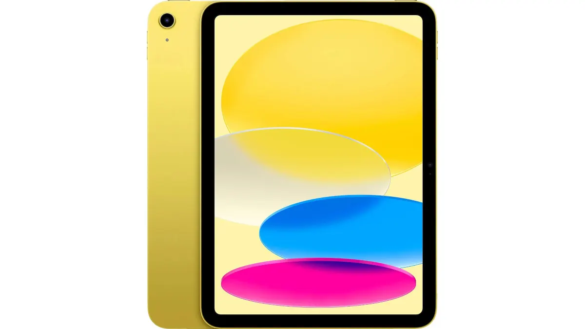 Gelbes Tablet mit einem Bildschirm, der gelbe, weiße, blaue und pinke Formen zeigt, vor einem weißen Hintergrund.