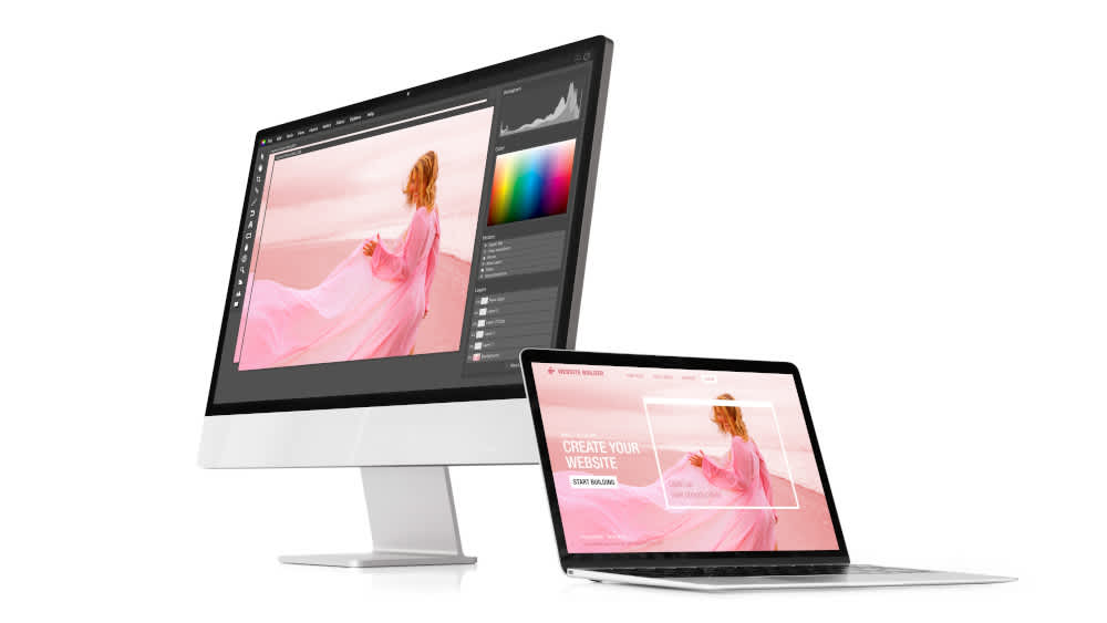 Auf dem Display eines iMac und eines MacBook sieht man eine Bildbearbeitungs-Software.