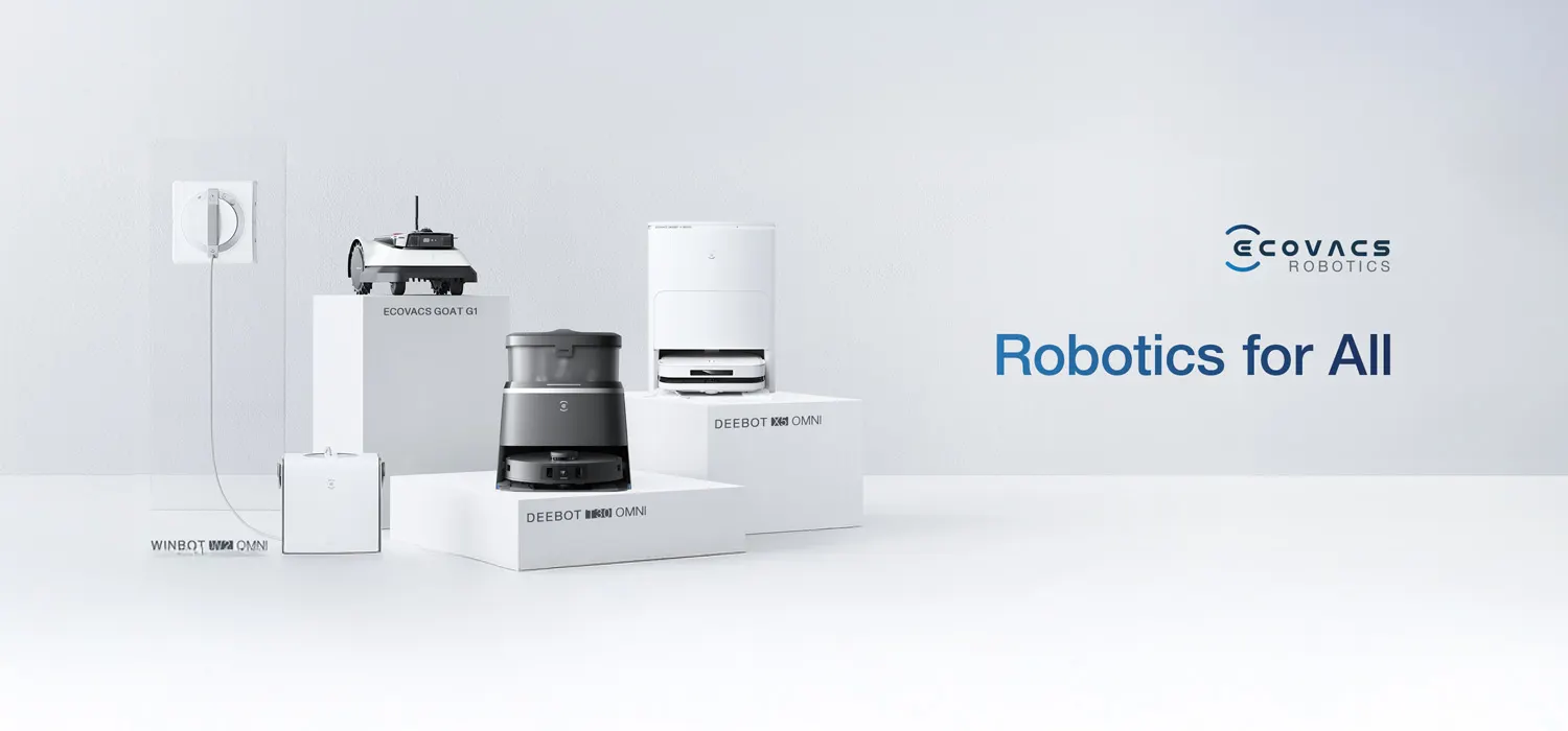 Verschiedene Ecovacs-Roboter, darunter Rasenmäh-, Staubsaug- und Fensterputzroboter, stehen auf weißen Sockeln vor einem weißen Hintergrund.
