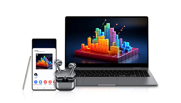 Ein Laptop, ein Smartphone, ein Stift und Ohrhörer. Auf den Bildschirmen ist ein farbenfrohes, abstraktes Stadtbild zu sehen.