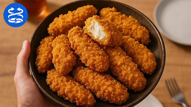 Hähnchenstücke in knuspriger Panade auf einem Teller. In der Ecke ist ein Airfry-Icon abgebildet. 