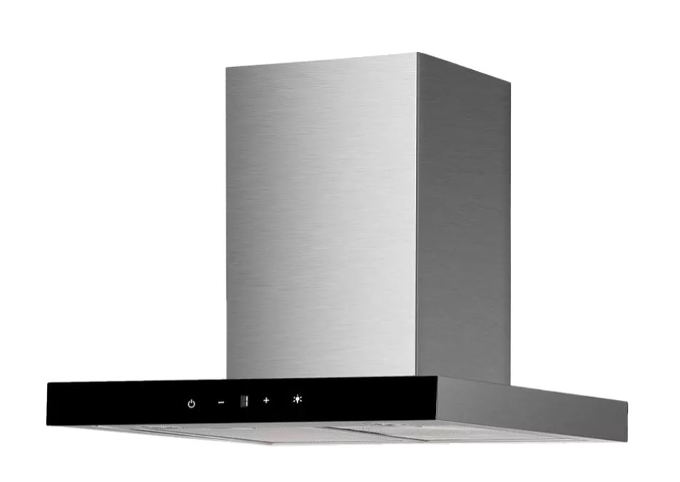 Silberne Dunstabzugshaube mit schwarzem Bedienfeld und Symbolen vor einem weißen Hintergrund.