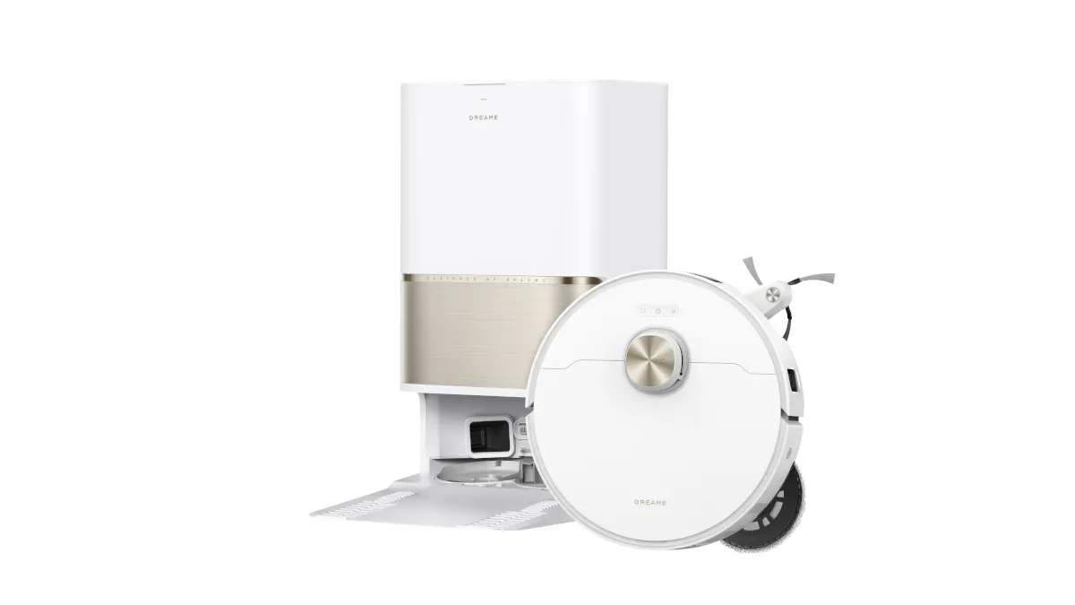 Der Dreame L50s Pro Ultra mit Basisstation vor weißem Hintergrund.