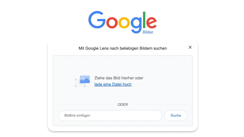 Weißer Hintergrund mit Google Logo oben und einem Suchfenster. Im Fenster steht Text zum Hochladen eines Bildes. Unten sind Felder für Bildlink und Suche.