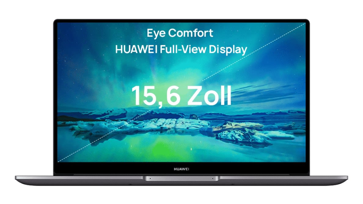Matebook D15 Display mit Polarlichtern als Hintergrund und 15,6 Bildschirmdiagonale und Eye Comfort Technik