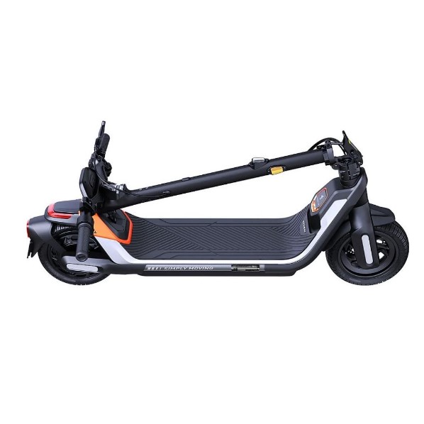 Dargestellt ist ein E-Scooter in Schwarz und Grau mit einem langen, flachen Trittbrett und einem gefalteten Lenker auf weißem Grund.