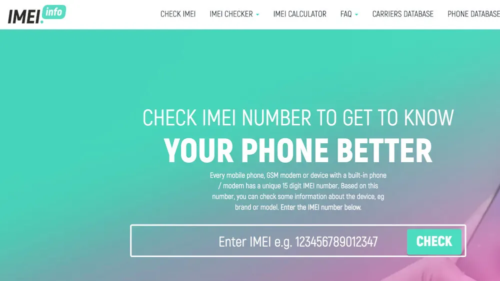 Webseite IMEI Info mit Suchfeld zur IMEI-Nummer-Prüfung auf türkisfarbenem bis violettem Hintergrund. Menü mit Links oben.