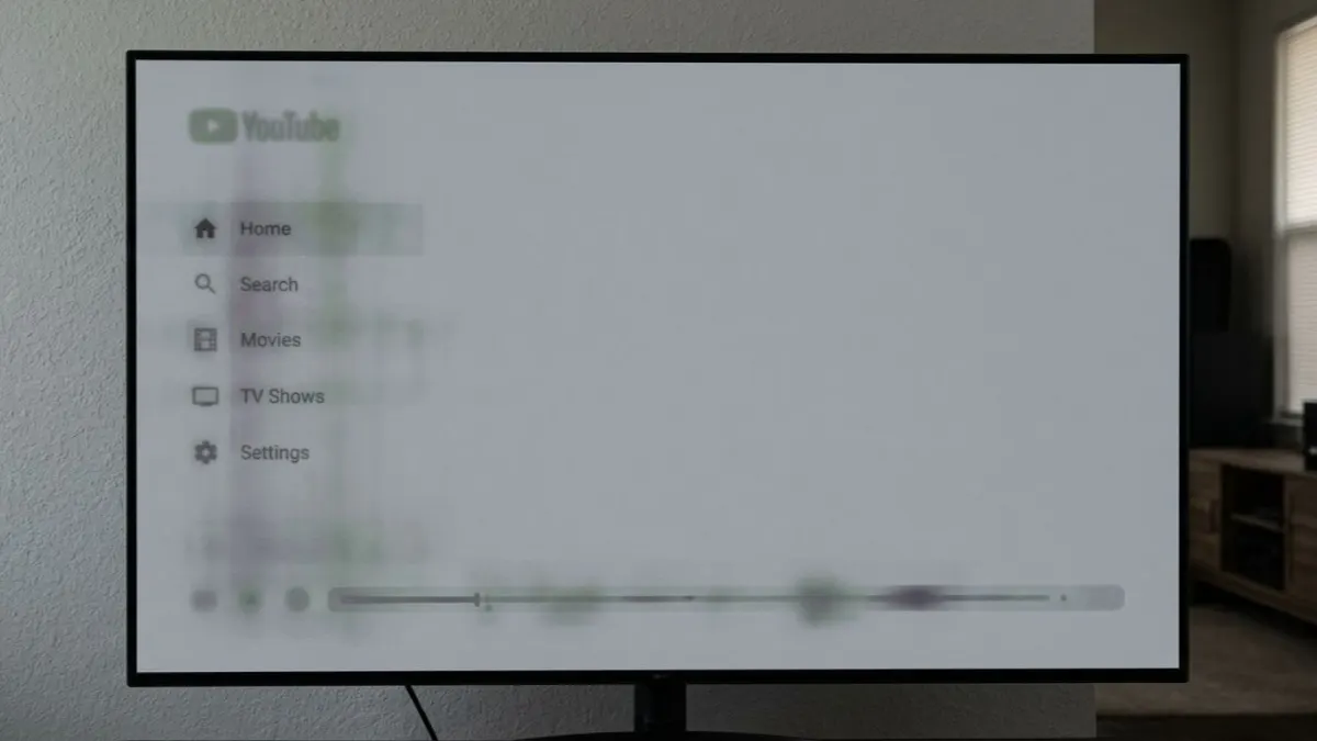 Ein Fernseher mit grauen, halbtransparenten Menüs und Fortschrittsleiste steht vor einer weißen Wand. KI-generiert.