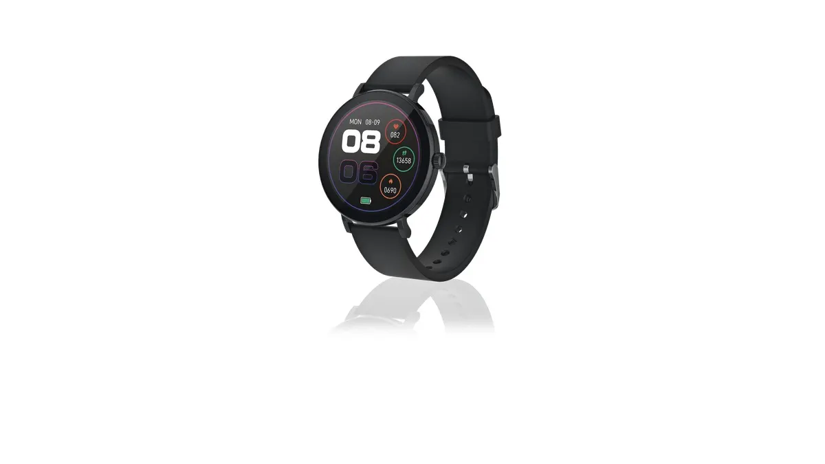 Die schwarze PEAQ PSW 200-BK mit rundem Display vor weißem Hintergrund.