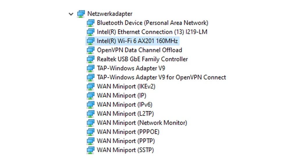 Ein Screenshot einer Auswahl mehrerer Netzwerkadapter bei einem Windows-Gerät.
