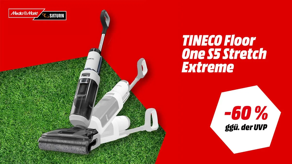 Der Tineco Floor One S5 Stretch Extreme und Hinweis auf 60 Prozent gegenüber der UVP auf weiß-rotem Hintergrund.