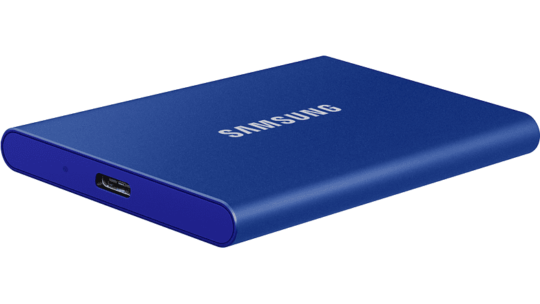 Samsung Portable SSD T7 Festplatte Ansicht mit dem USB Anschluss flach liegend