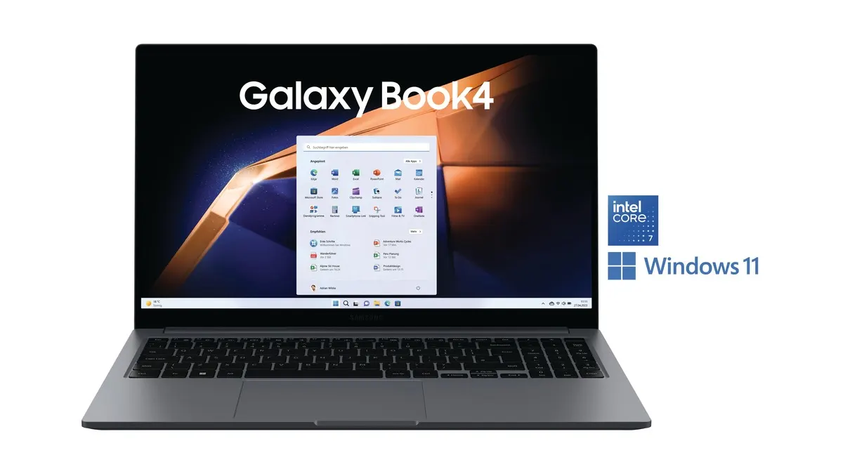 Der Laptop Samsung Galaxy Book4 vor einem weißen Hintergrund.