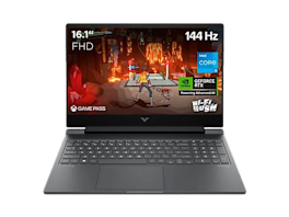 Schwarzer Laptop mit 16,1‑Zoll‑FHD‑Display, 144‑Hz‑Anzeige und eingeblendeten Gaming‑Grafiken; auf dem Bildschirm sind Hinweise zu Intel‑Core‑Prozessor und Nvidia‑GeForce‑RTX‑Grafik zu sehen.