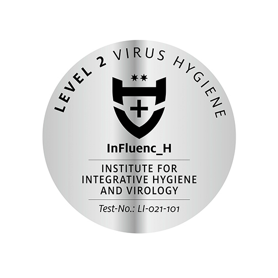 Silbernes Siegel mit schwarzem Schildsymbol, Text "Level 2 Virus Hygiene", Institut für integrative Hygiene und Virologie.
